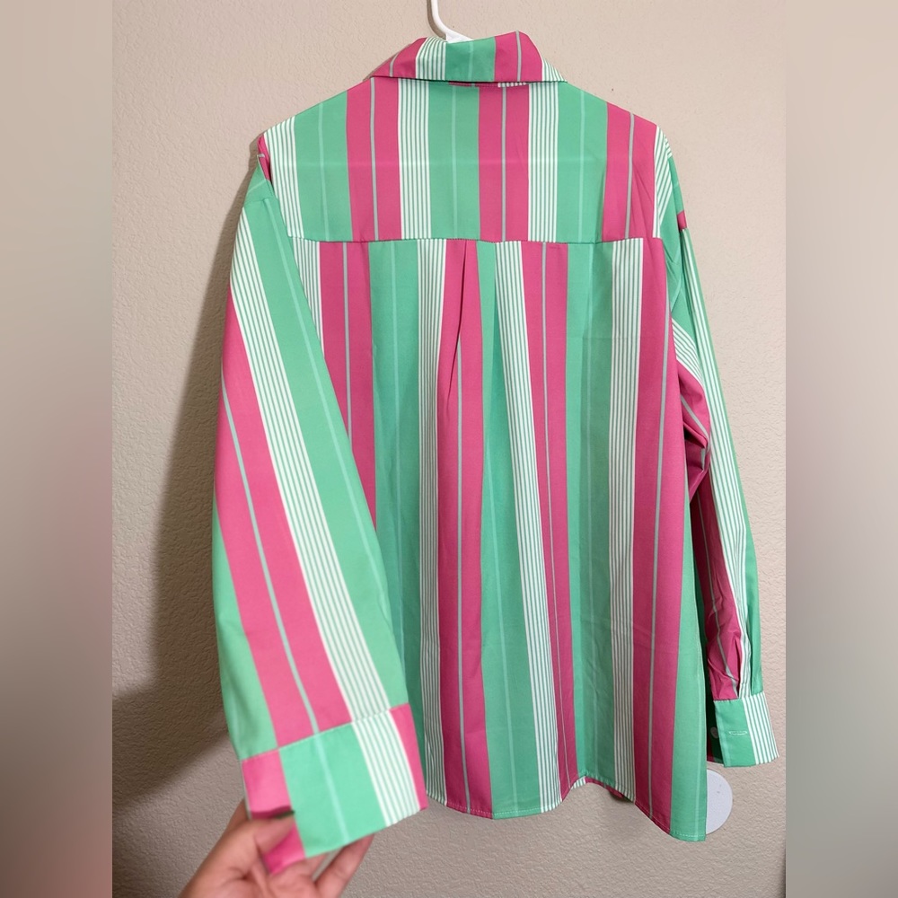 Oversized-Striped Drop Shoulder Button Up Blouse - image 5